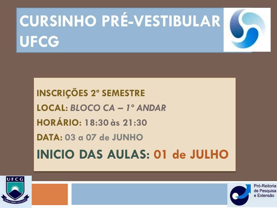 Inscrições do 2° semestre para o Pré-vest UFCG